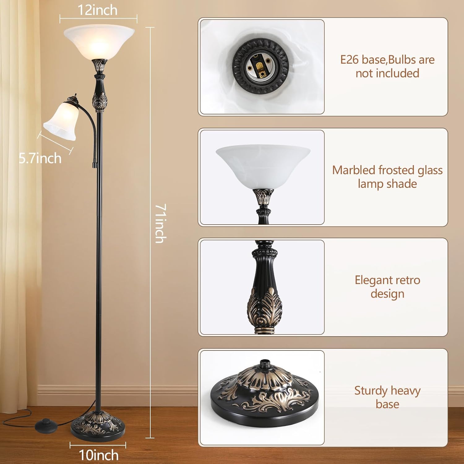 Torchiere Floor Lamps for Living Room & Bedroom, 71 Vintage Victorian Floor lamp with Reading Light, Tall Corner Standing Farmhouse Lamp for with Glass Shade Home Office Decor, Black